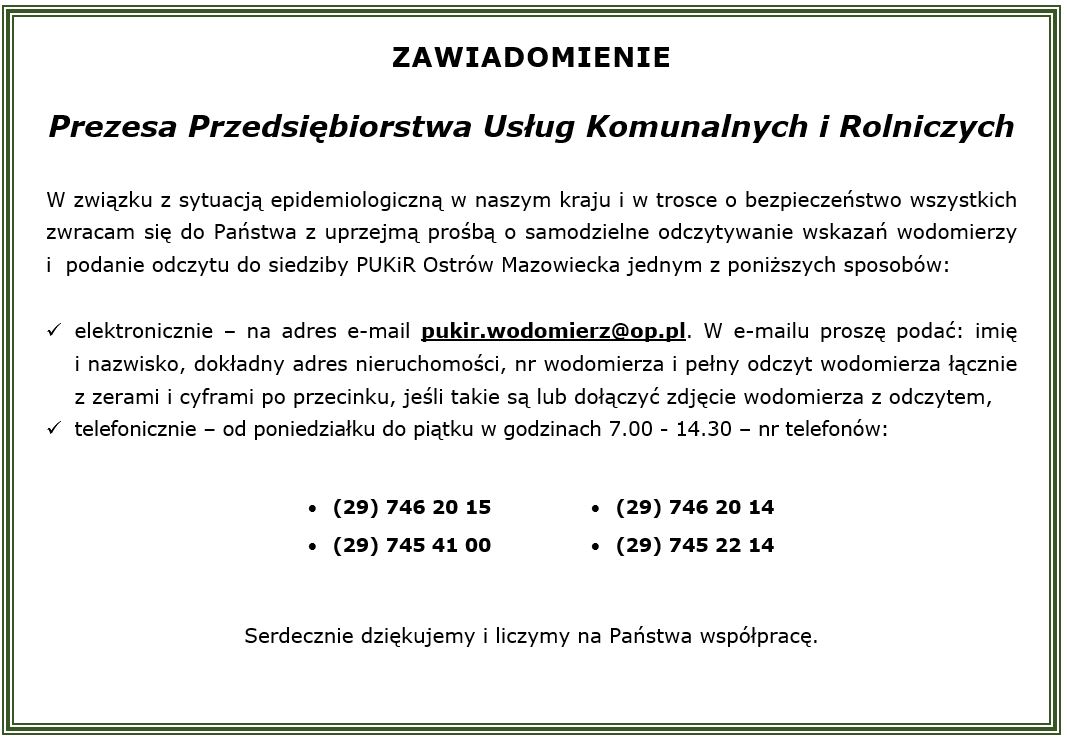 Zawiadomienie Prezesa Przedsiębiorstwa Usług Komunalnych i Rolniczych