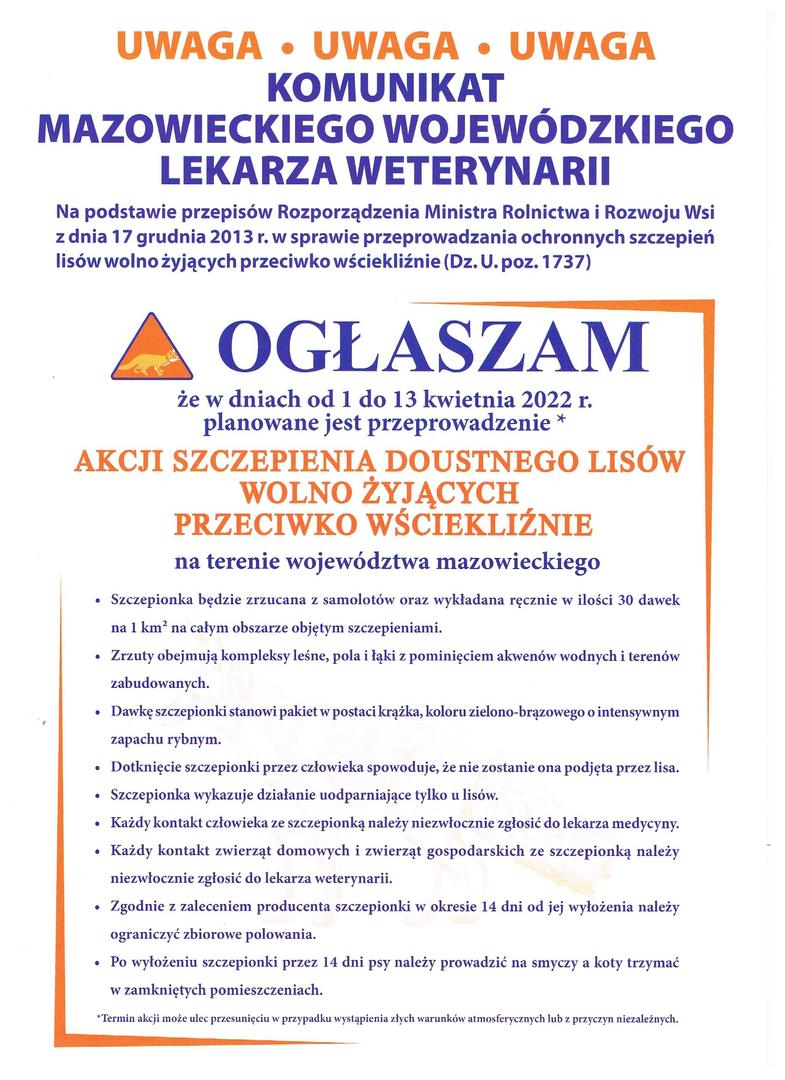Komunikat w sprawie szczepienia lisów przeciwko wściekliźnie 1-13 kwietnia 2022 r.