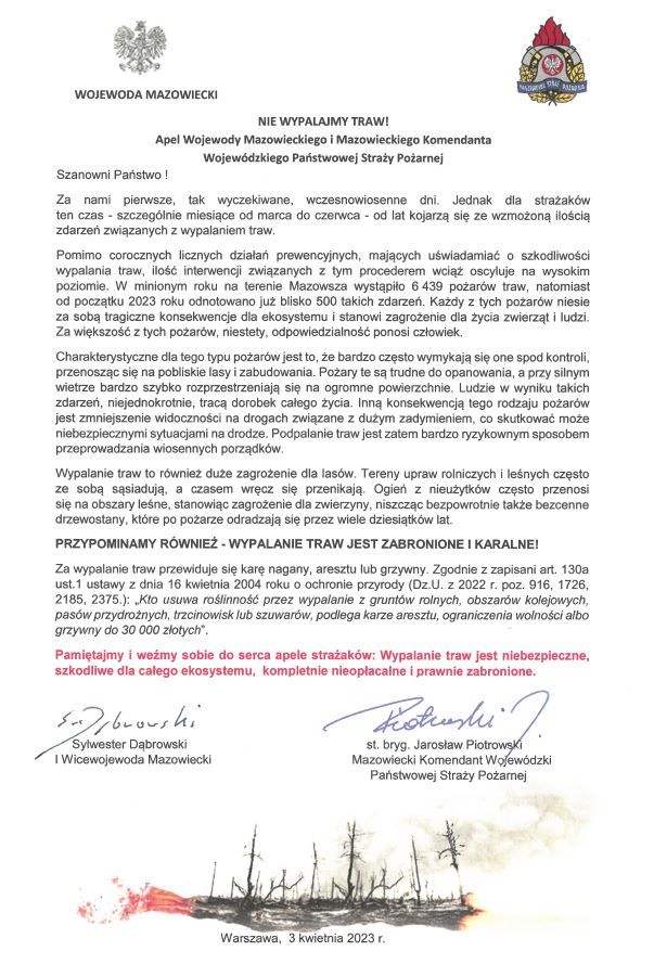 Apel Wojewody Mazowieckiego i Mazowieckiego Komendanta Wojewódzkiego Państwowej Straży Pożarnej