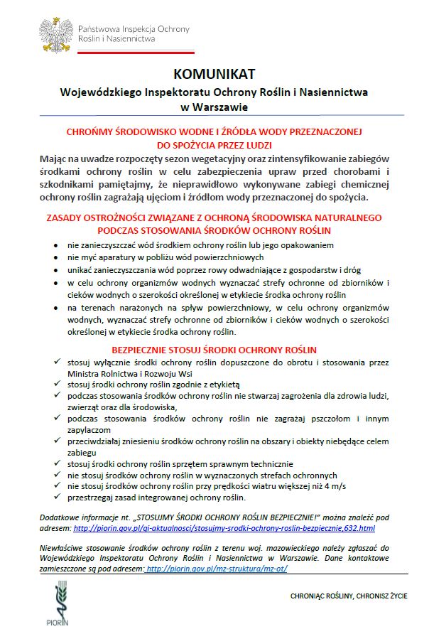 Komunikat "Chrońmy środowisko wodne i źródła wody przeznaczonej do spożycia przez ludzi"